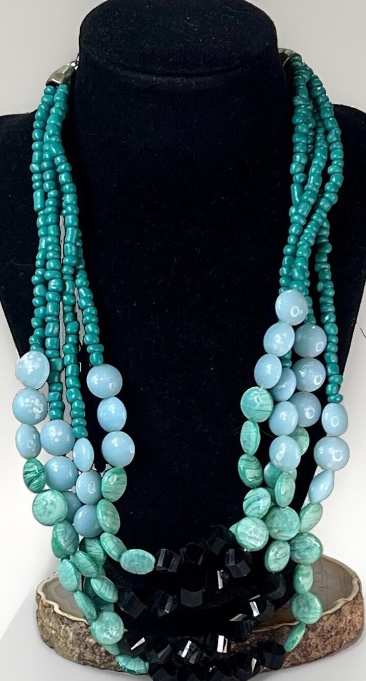 5 Strand Turquoise Blue Green Black Beaded Statement Necklace 178.2g